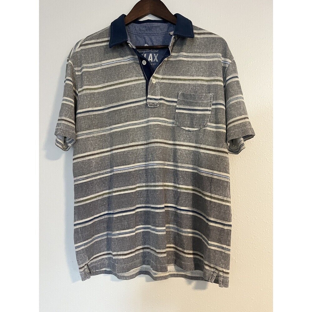 Tommy Bahama Large L Relax Island Modern Fit Gray Striped Polo Shirt Pima Cotton